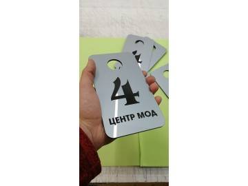 Тот же номерок «ЦЕНТР МОД» № 4 в руке (для масштаба, фон зеленый) — номерки для гардероба Уфа — НеоШтамп